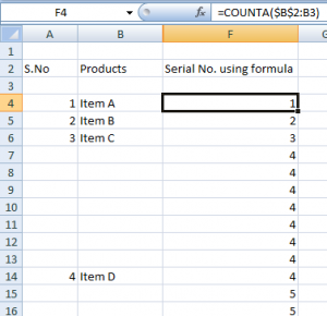 Increment cell values in excel using count a